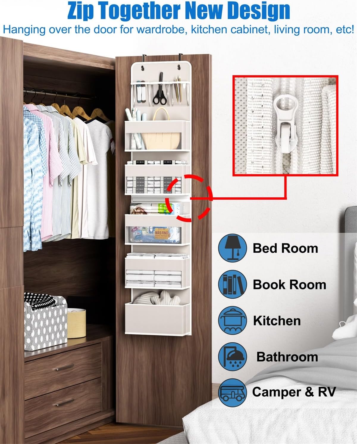 Closet Organizers and Storage, Over The Door Organizer, 6 Shelf Camper Storage, Behind The Door Storage Organizer, Wall Mount Back of Door Hanging Organizers-Beige