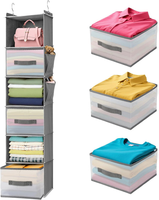 6-Tier Hanging Closet Organizer with Drawers and Side Pockets – Versatile Closet Storage for Shoes, Hats, Belts, and Purses