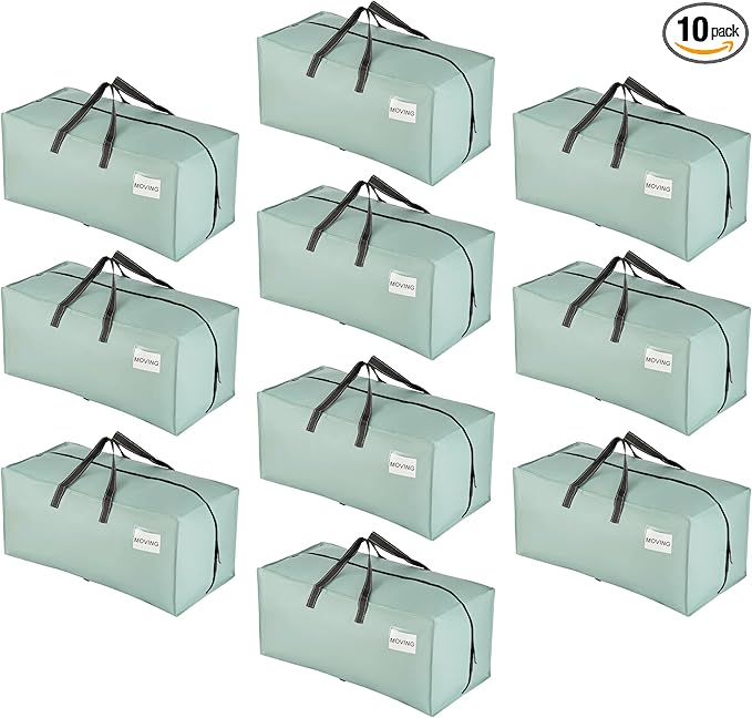 VENO 10 Pack Moving Bags w/Backpack Straps, Heavy Duty, Moving Boxes Alternative, Packing Supplies, Large Storage Totes for Dorm Room Essentials with Zipper for Clothes (Light Green Matte, 10 Pack)