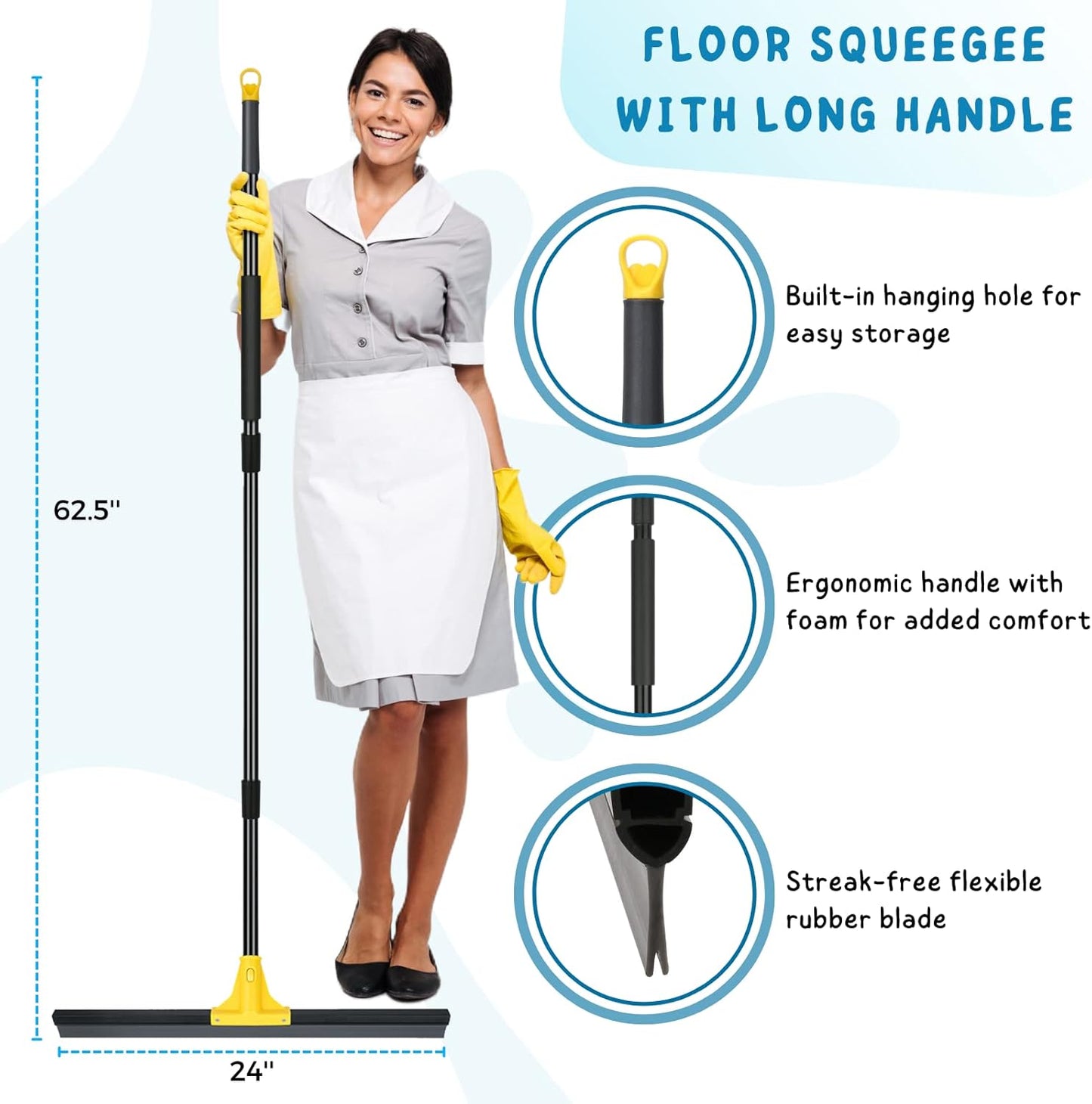 Floor Squeegee for Concrete and Tile Cleaning, 24'' Rubber Wiper Broom, Large Heavy Duty Water Scraper with 60'' Long Handle for Garage, Deck, Bathroom, Shower Glass, Window