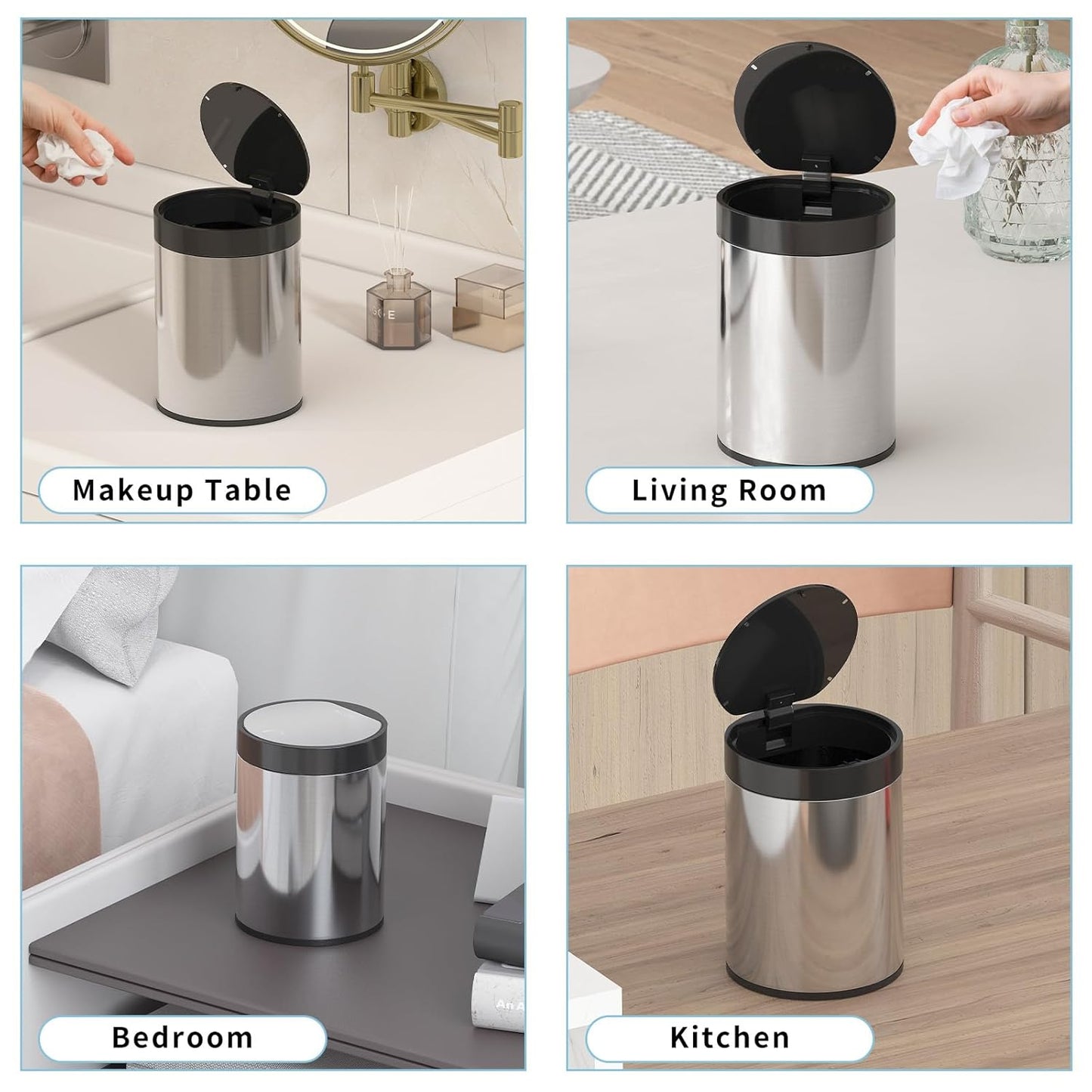 Mini Trash Can for Desk 0.4 Gallon,1.5L Stainless Steel mini Desk Trash can with Lid,Tiny Trash Can for Desk with 1 Roll Bags for Office, Home, Car,(Brushed Gray)