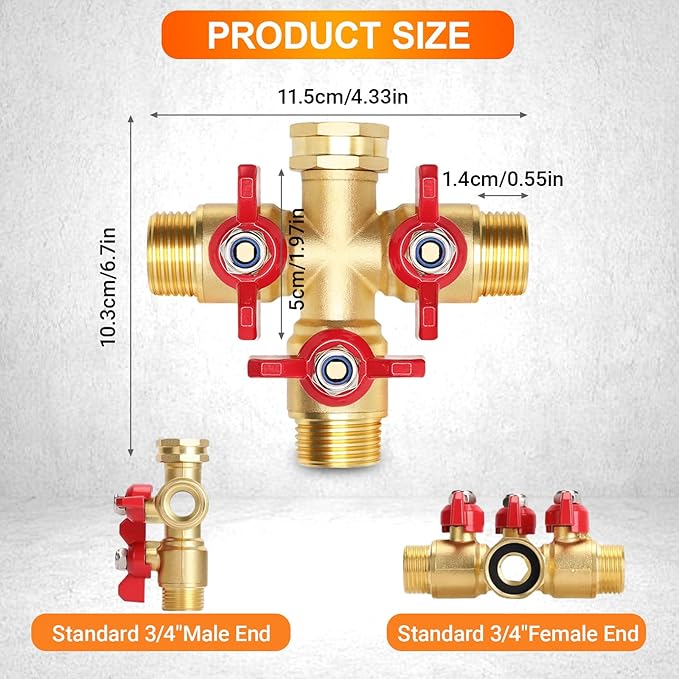 3 Way Hose Splitter, High Flow 3 Way Brass Hose Splitters with Metal Handle and Shutoff Valve, 3/4'' GHT Thread Garden Tap Triple Splitter