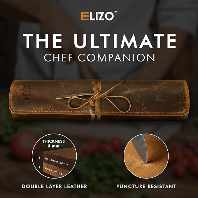 ELIZO Personalized Premium Full Grain Leather Chef Knife Roll, 17L x 14W inches Knife Storage Travel Case, Professional Customizable Chef Knife Case - Holds 4 Chef Knives