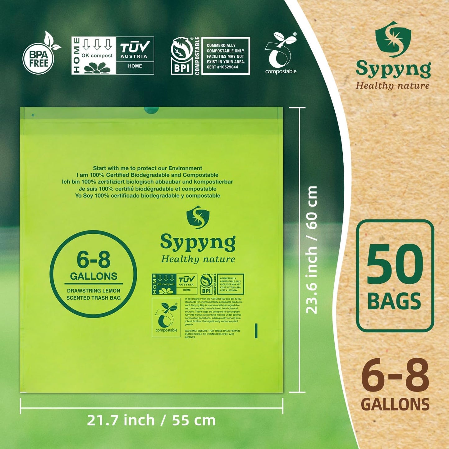 Compostable Trash Bags 6-8 Gallon (50-Pack) – Heavy Duty, 1.1 Mil Thick, 100% Biodegradable Kitchen Waste Bags for Medium Bins | ASTM D6400, BPI & OK Compost HOME Certified, Eco-Friendly & Recyclable