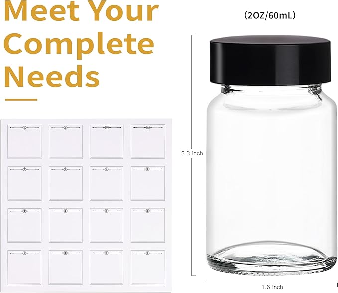 8 Pack 2 oz/60 ml Clear Glass Bottles with Black Caps & Labels, Small Glass Jar for Ginger, Wellness Shot, Juice, Sample, Leakproof Mini Travel Essential Bottles - Wide Mouth, Dishwasher Safe