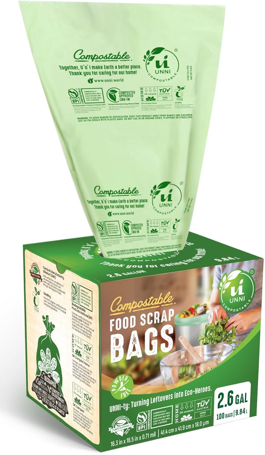 UNNI Compostable Trash Bags, 2.6 Gallon / 9.84 Liter, 600 Count Value Pack, Extra Thick 0.71 Mil Compost Bin Liners for Kitchen Food Scrap, Certified by BPI, CMA & OK compost HOME, Meets ASTM D6400