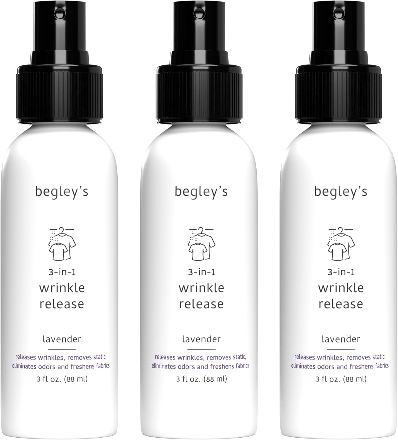 Begley's 3-in-1 Wrinkle Remover, Quick Fix Wrinkle Release, Static Cling Remover, Odor Eliminator and Fabric Refresher Spray - USDA Certified Biobased - Lavender, 3 oz Travel Size