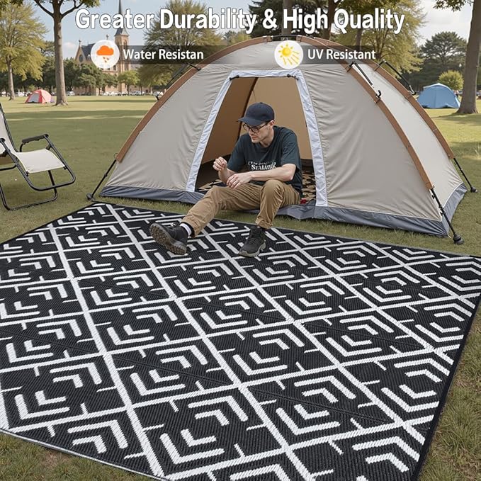 RV Outdoor Rug Waterproof Mat Outdoor Rugs 9'x12' for Patios Clearance Carpet Outdoor Camping Rugs Large Plastic Straw Rug(8x10ft Geometric Black&White)