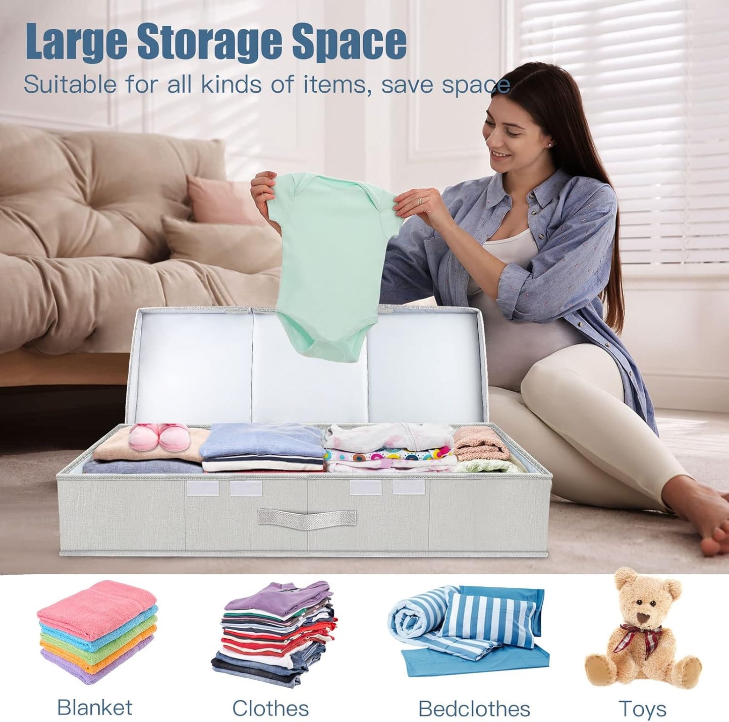 Underbed Storage Containers Bin with Lids, Large Under Bed Storage Organizer Box with Handle, Foldable Under the Storage Bags for Organizing Clothes, Shoes, Blankets, Pillows