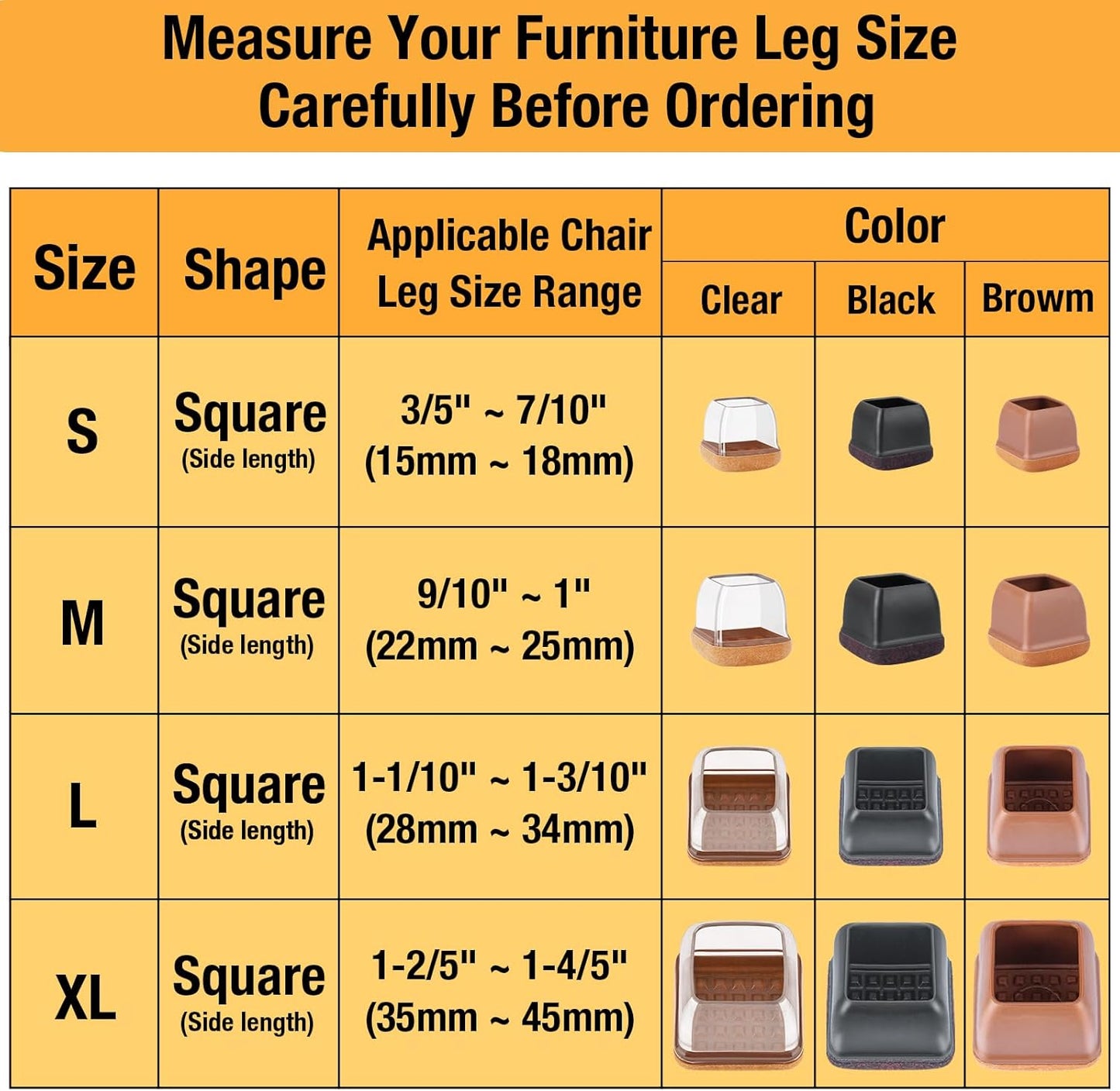 16 Pcs Chair Leg Floor Protectors Square, Silicone Chair Leg Protectors for Hardwood Floors, Chair Leg Caps Covers Protect Wooden Floors from Scratching, Thick, Won't Tear (Fit: 3/5" - 7/10”)