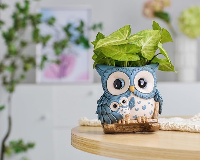 Unique Owl Plant Pots Indoor, Cute Small Succulent Pots with Drainage Hole, Rocking Chair Planters for Outdoor Indoor Plants, Resin Flower Pot for String of Pearls, Gift Ideas for Mother