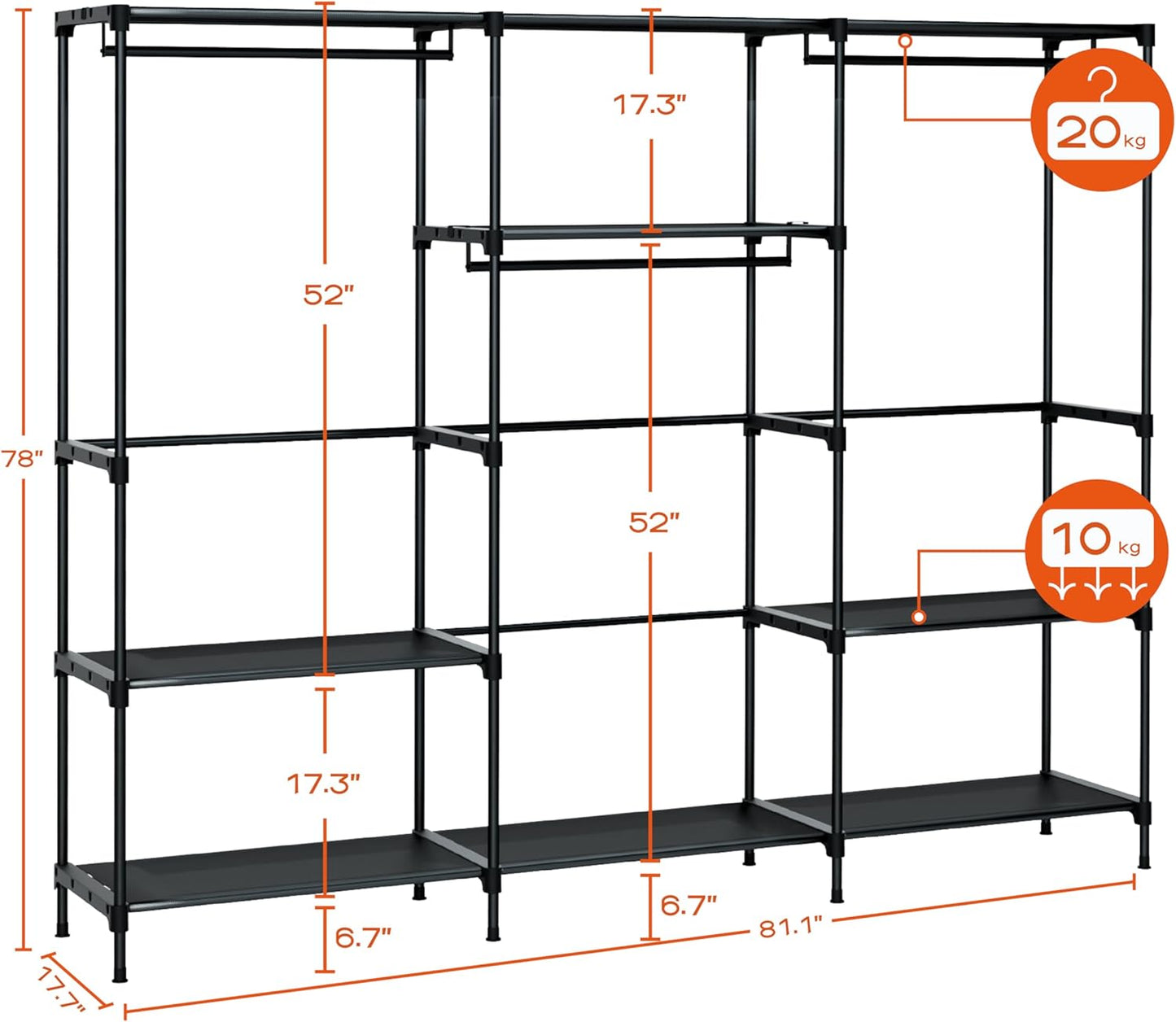 Clothes Rack, Portable Closet, 81.1 Inch Large Capacity Wardrobe Closet, Clothes Storage Organizer with Shelves and 3 Hanging Rods, Easy to Assembly, Black PCT033B01