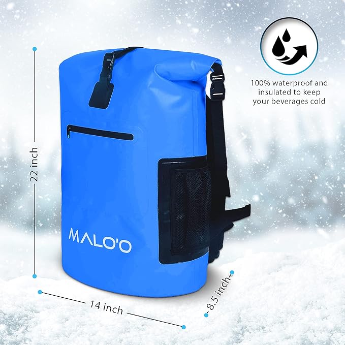 Malo'o Backpack Cooler Bag Holds 24 cans or 18 Bottles and ice - Roll-Top Soft Cooler for Kayaking, Camping, Beach, Fishing, Hiking Daypack & Travel Gear - Closed-Cell Insulation Cooler Backpack