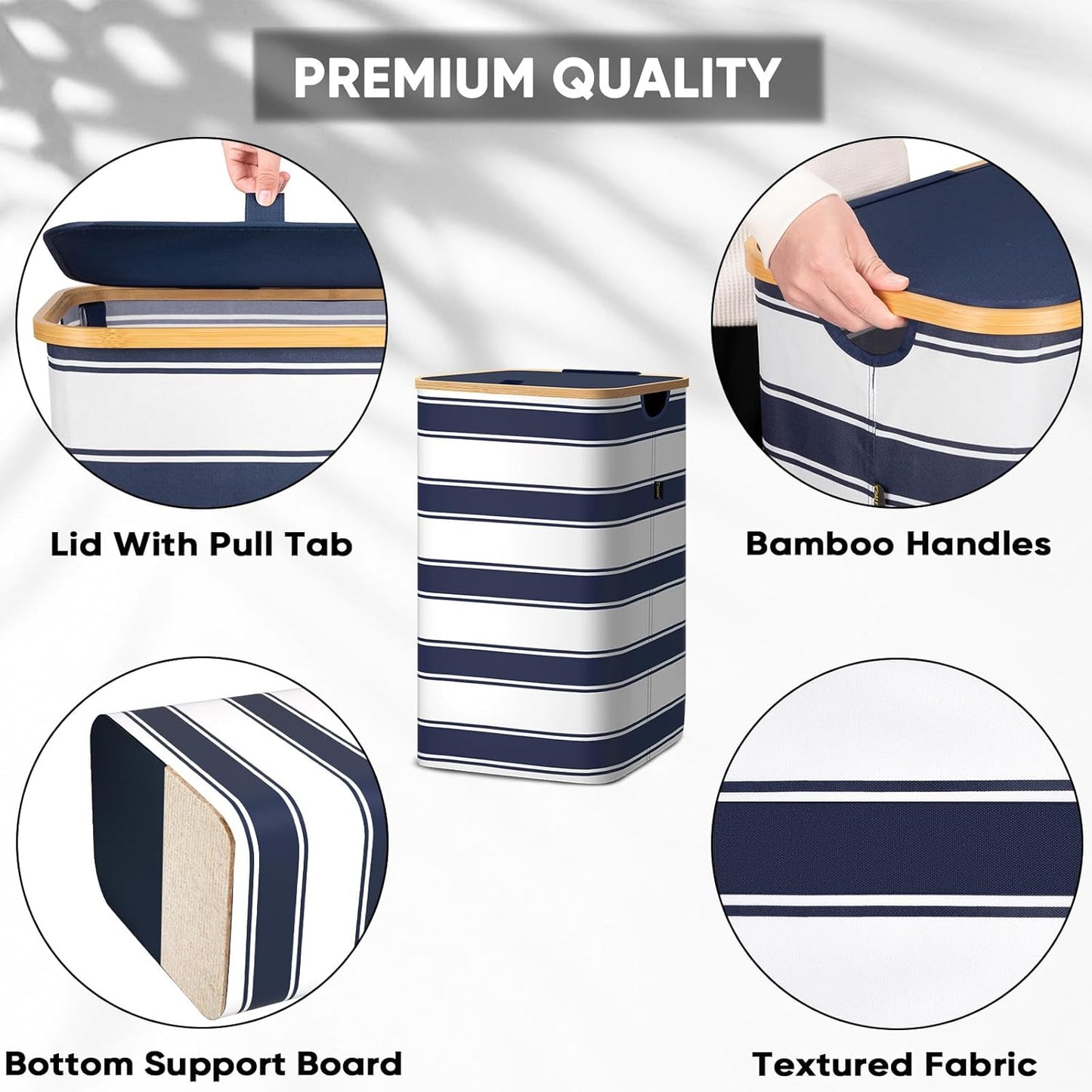 BALEINE Laundry Hamper with Lid, Tall Laundry Baskets with Bamboo Pull Handles, Large Laundry Bin with Internal Support (26 Gal/100L, Blue Stripe)