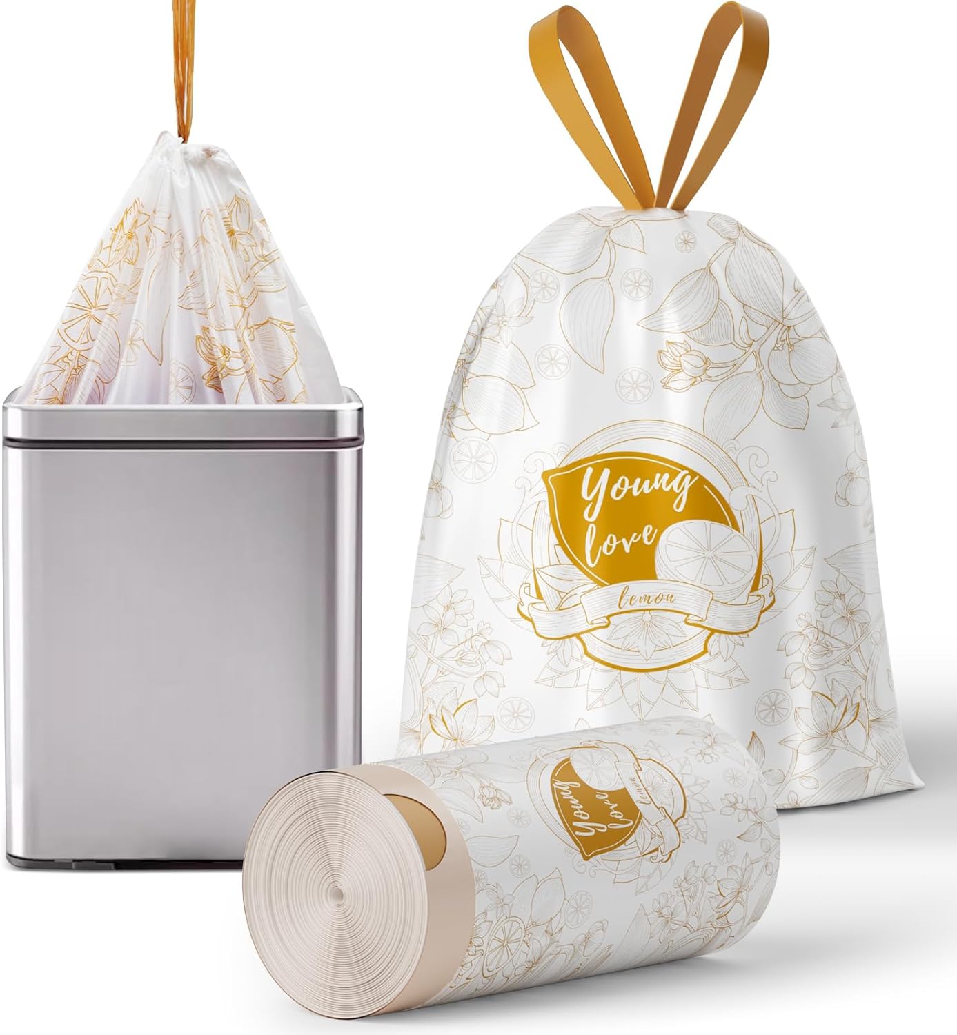 VOK 13 Gallon Trash Bags with Lemon Print & Drawstring, Tear-Resistant Tall Kitchen Garbage Bags, Heavy-Duty Kitchen Trash Bags for Home, 50 Counts