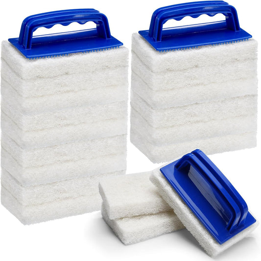 18 Pcs Handled Bath Scrubber Set, 15 Bathroom Scouring Pad 3 Bathtub Scrubber with Handle Non Scratch Soap Scum Remover for Cleaning Sink Shower Tile Swimming Pool Step and Corners(Blue and White)