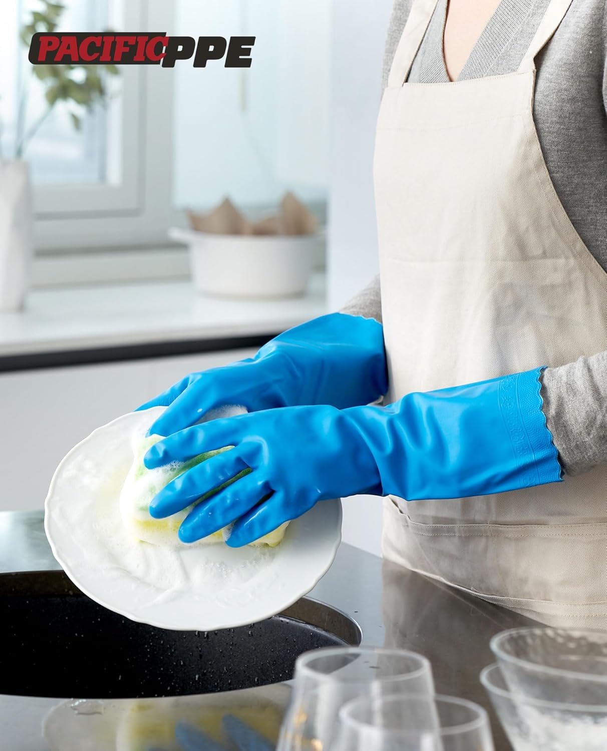 PACIFIC PPE 2 Pairs Reusable Dishwashing Cleaning Gloves, Household, Kitchen, Cotton Liner, Blue, Small