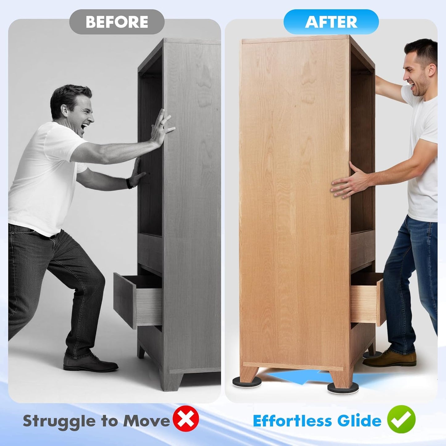 16-Pack Furniture Sliders for Hardwood Floors & Carpet, Save 80% Effort, Safely and Easily, The Glide Tool Set for Heavy Furniture and Appliances, Reusable Moving Pads (8 Plastic & 8 Felt)