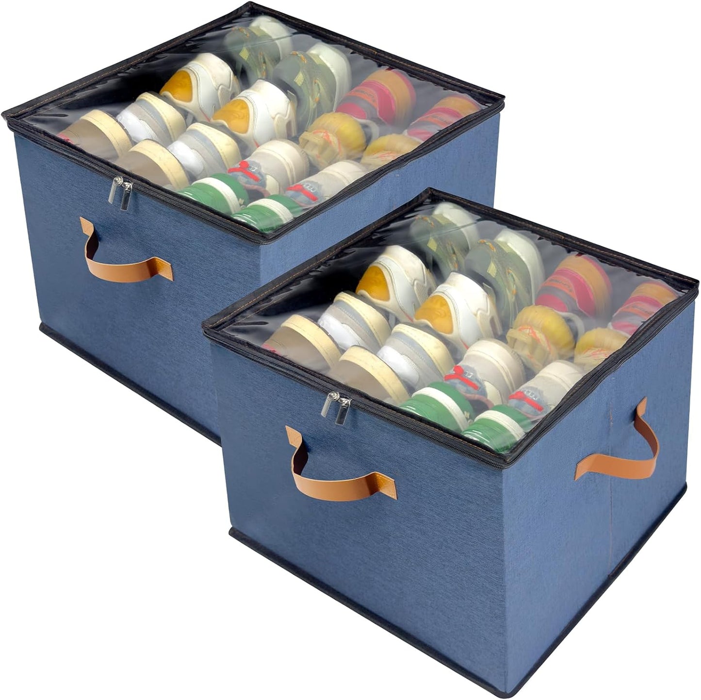 Shoe Organizer for Closet, 2 Pack Shoe Storage Bins with Clear Cover, Adjustable Dividers Fits 16-32 Pairs ShoeBoxes, Organizador de Zapatos, Navy Blue