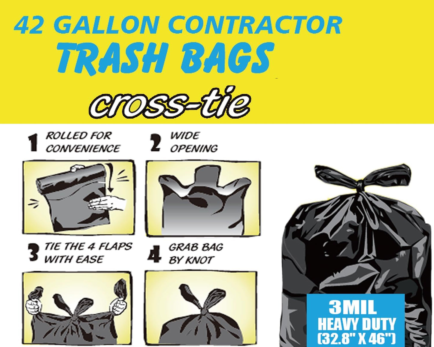 Contractor Heavy Duty Trash Bags 42 Gallon | 52 Count | 3 MIL | 32.8" X 46" | Large Black Flap Tie Construction Garbage Bags for Business Home Commercial, Industrial, Storage, Outdoor
