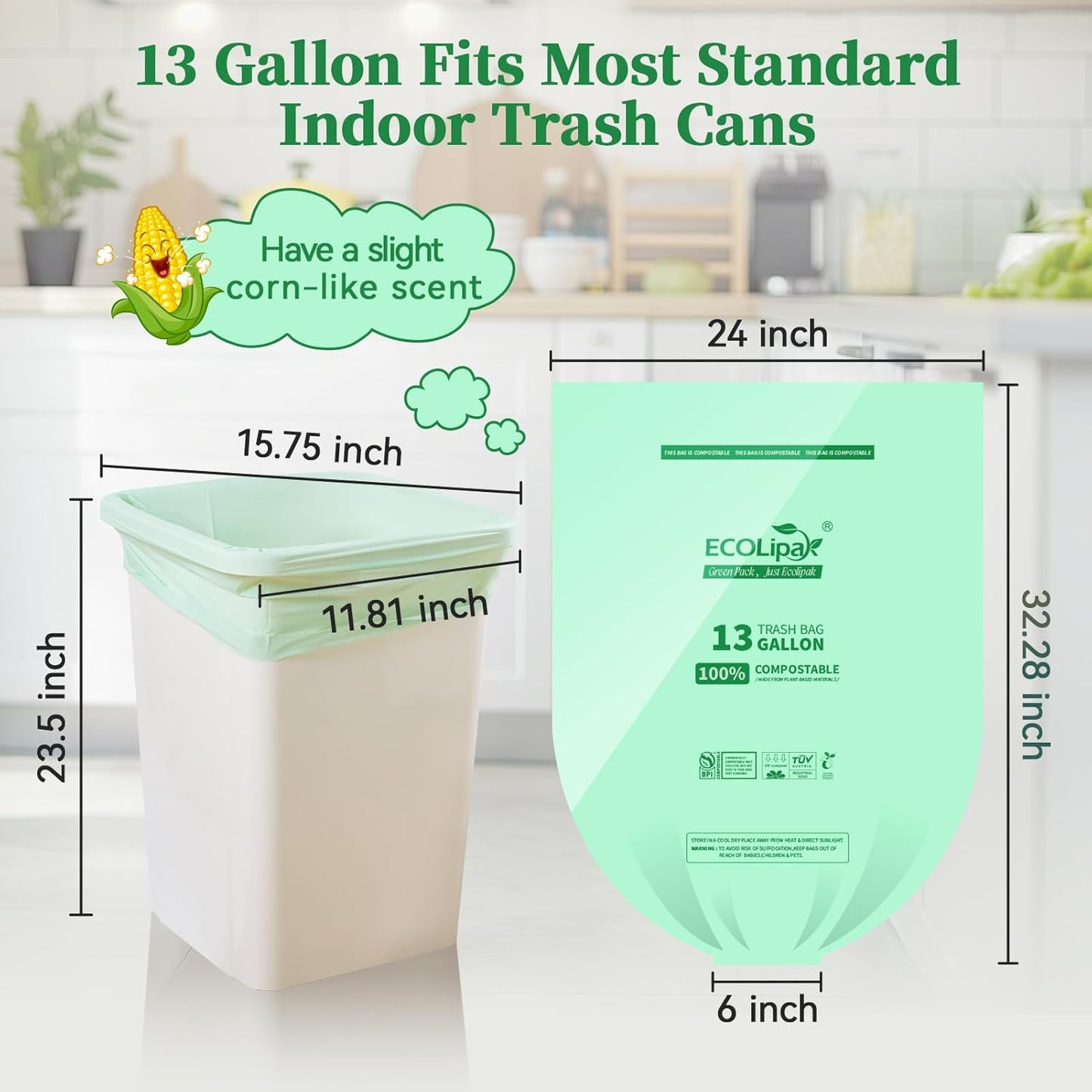 ECOLipak 13 Gallon Compostable Trash Garbage Bags, 100 Count (2 Rolls) Biodegradable Heavy Duty Bathroom Kitchen Trash Bags for Home/Office, US BPI ASTM D6400 and OK Compost Home Certified