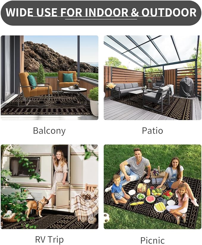 Outdoor Rug Carpet Waterproof 8x10 ft Patio Rug Mat Indoor Outdoor Area Rug for RV Camping Picnic Reversible Lightweight Plastic Straw Outside Rug for Patio Decor Decoration Boho Rug Black Brown