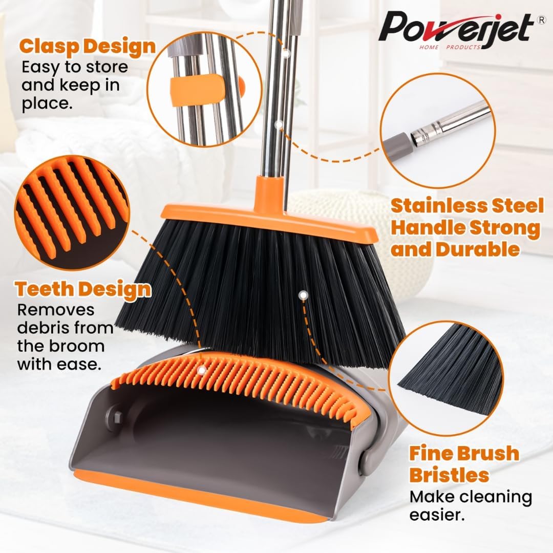 POWERJET Upright Broom & Dustpan Set (420900), Angled Lobby Broom, Exclusive Long Handle Extendable 52”, Self-Cleaning with Dustpan Teeth, Sweeping Indoor & Outdoor Home & Office Cleaning
