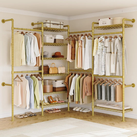 ONBRILL L4 Wall Mounted Industrial Pipe Clothing Rack, Closet Organizer System with 6 Hanging Clothes Rods ( 4 Expandable Rods) & 8 Shelves, Heavy Duty Corner Garment Rack, Large Wardrobe - Gold