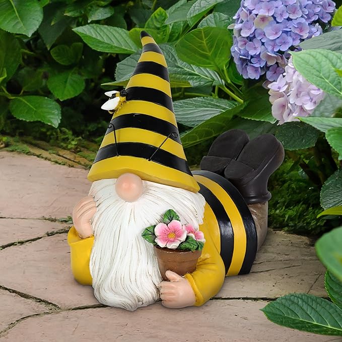 Exhart Solar Beekeeper Garden Gnome Statue, LED Hat, Flowers,Hand Painted Cute Yard Décor,5.5" x 8.5”