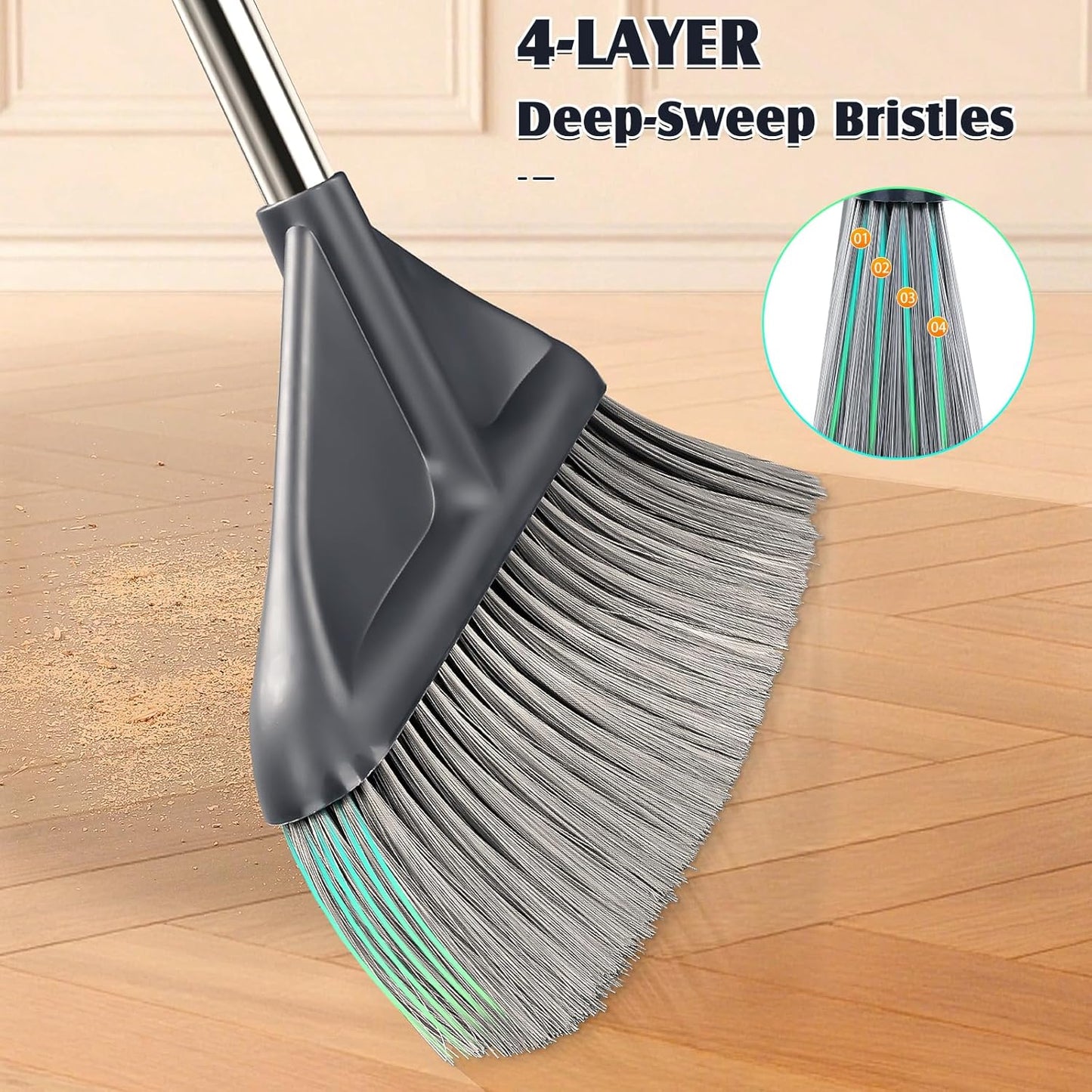 Broom and Dustpan Set for Home with 52 Inch Long Angled Handle - Stand Up Dustpan No Warping Metal Edge, Ergonomic Sweeping, 4 Layer Bristles and Hair Cleaning Teeth for Kitchen Office