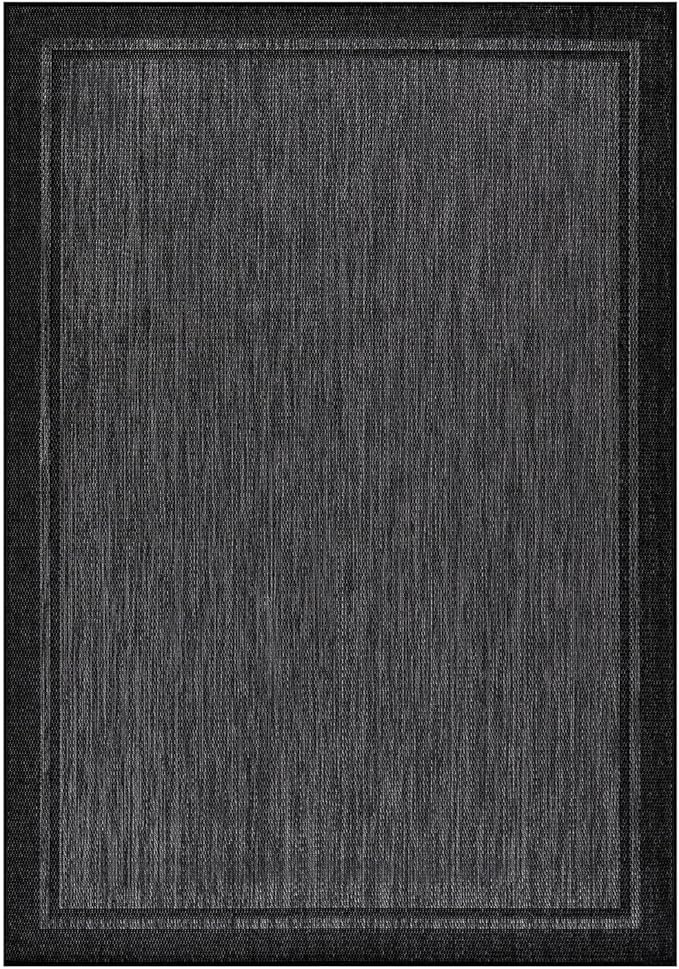 CAMILSON Indoor Outdoor Rug, 9x12 Bordered Dark Grey Black Modern Large Area Rugs for Indoor and Outdoor Patios, Kitchen and Hallway Mats, Washable Porch Deck Outside Carpet (Bordered Black, 9 x 12)