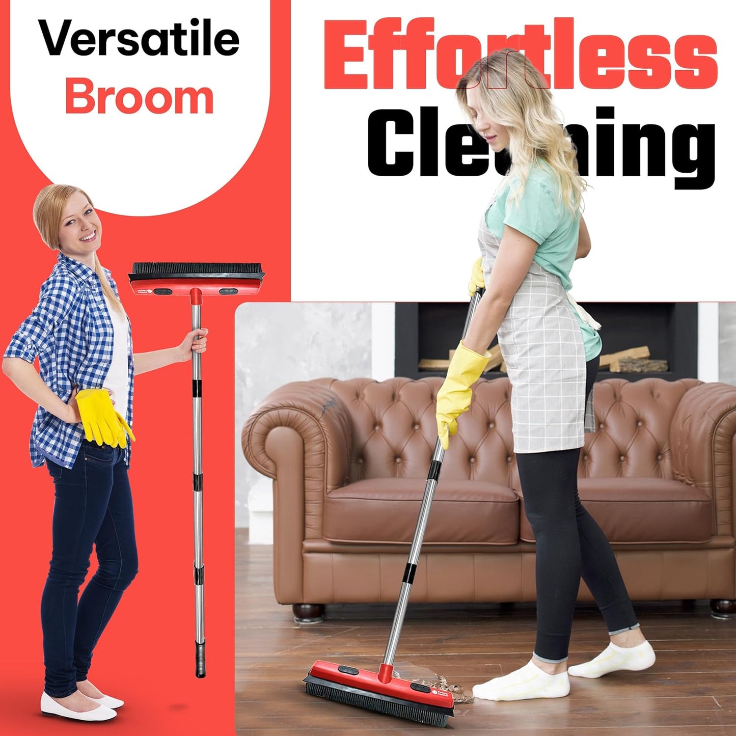 Hybrid Dog Pet Hair Removal Broom with Squeegee – Adjustable Handle Rubber Broom for Pet Hair on Carpet, Hardwood Floors, Tile, & Liquid-Dirt with 2 Portable Hair Brushes & Cloth