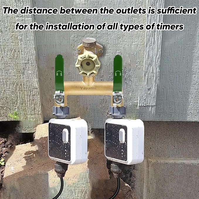 Garden Hose Splitter, 3/4” Rust and Freeze Resistant Outdoor Hose Manifold with 2 Green Extra Long Handles Faucet Adapter-Heavy Duty Brass 2-Way Valve