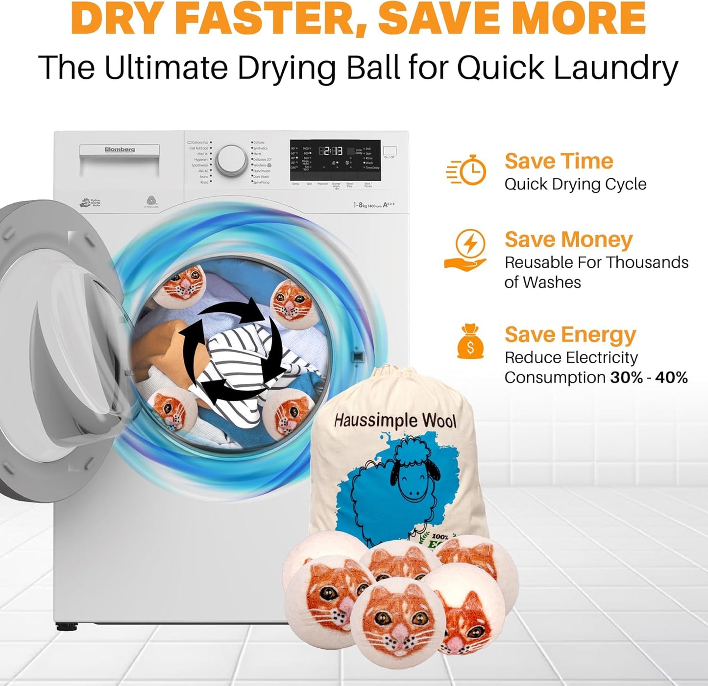 Wool Dryer Balls Organic Felt 6 Pack Laundry Fabric Softener, Extra Large Reusable Handmade Natural Sheep Wool Lint Wrinkle Free Anti Static Baby Safe (Orange Cat)