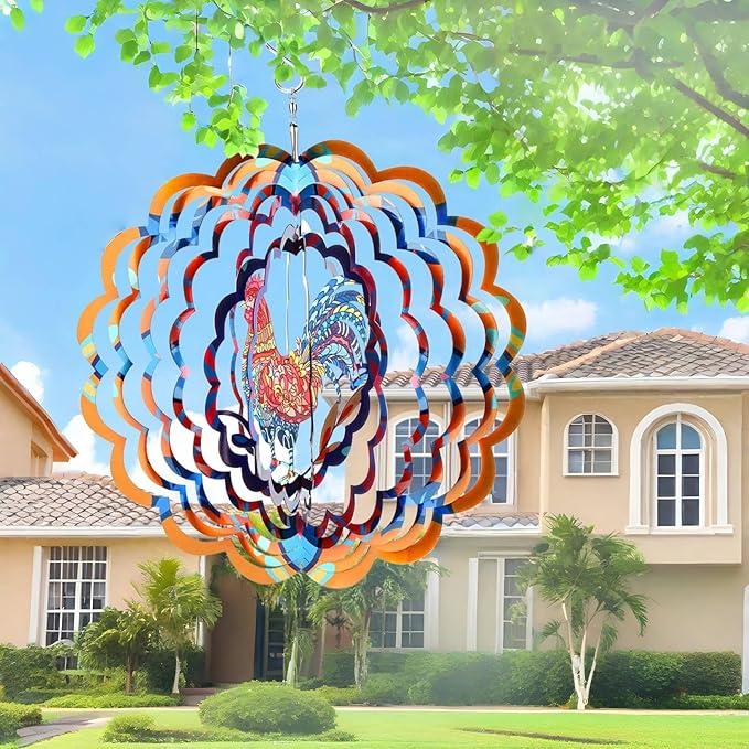 Wind Spinners, Gifts for Women Mom Grandma Wife, 12 inch 3D Stainless Steel Hanging Wind Spinner, Metal Kinetic Wind Sculpture for Indoor/Outdoor Decor, Yard Art, Garden Decorations (Rooster)