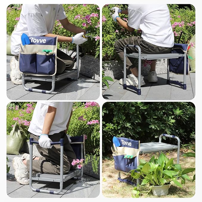 Upgraded Garden Kneeler and Seat with Thicken & Widen Soft Kneeling Pad, Heavy-Duty Foldable Garden Stool with Large Garden Tool Bag, Portable Garden Bench Gardening Gifts for Women, Seniors