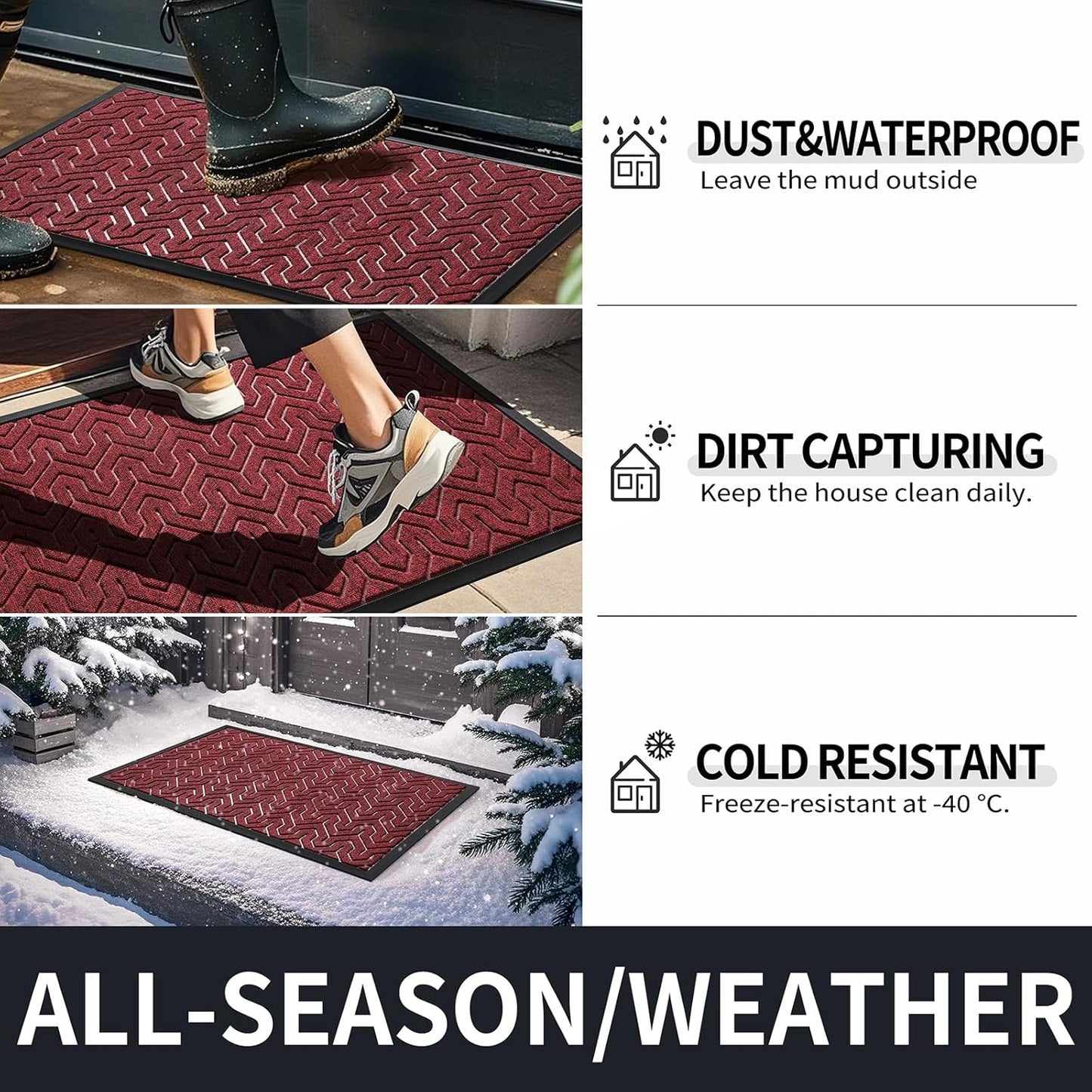 Yimobra Front Door Mat Outside Entrance 29.5x17, Waterproof Heavy Duty Outdoor Mats for Front Door, Non Slip Rubber Entry Mat for Garage Patio, Black Red