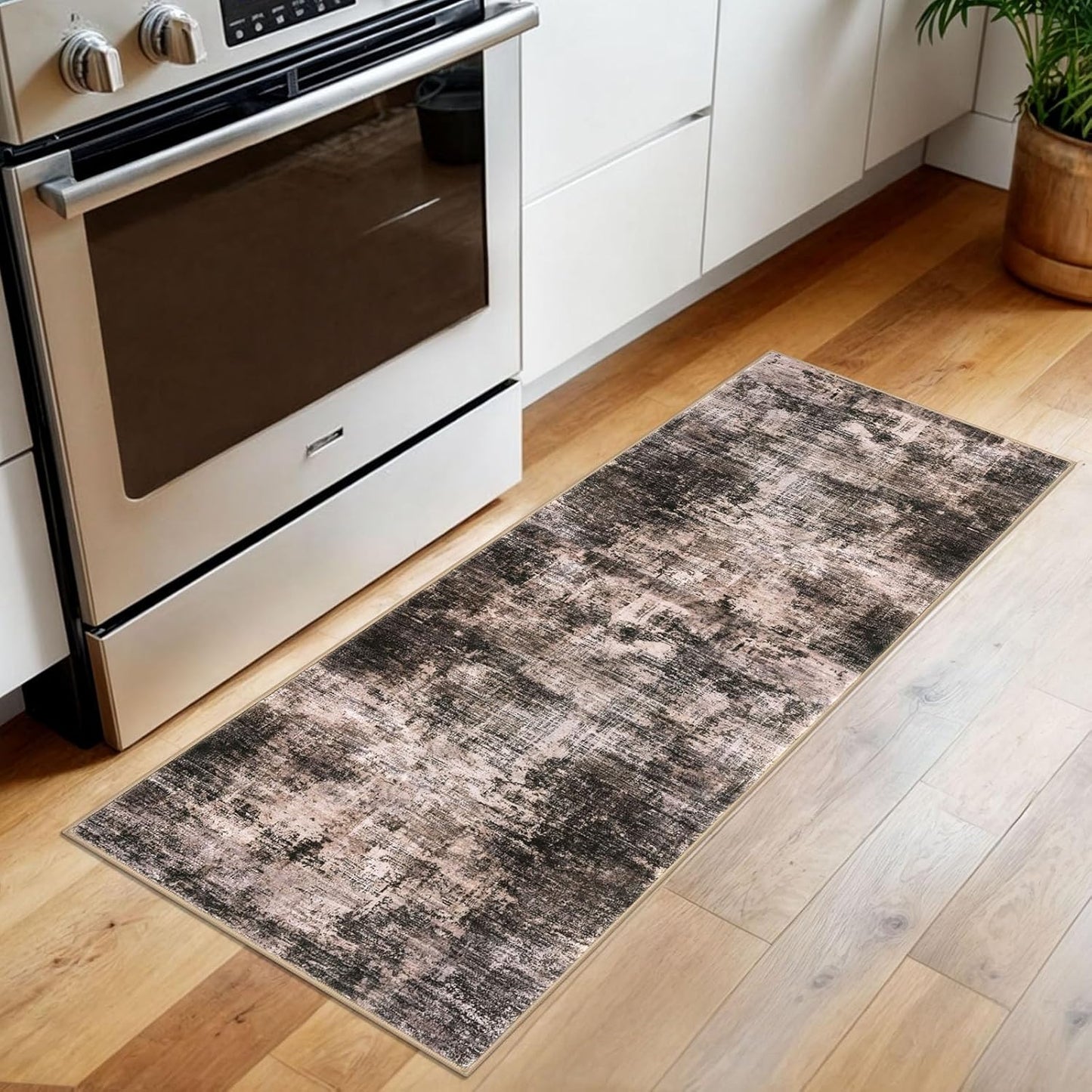 IOHOUZE Abstract Runner Rug 2x5 Ft Washable Runners for Hallways, Non Slip Kitchen Runner Printed Faux Wool Entryway Runner Indoor, Modern Abstract Floor Carpet for Hall Kitchen Bedroom, Brown/Rust