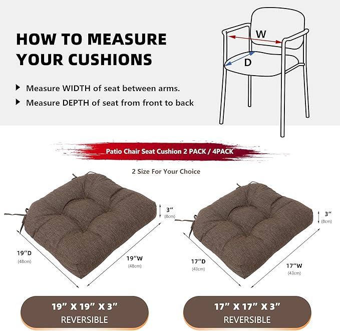 RACE LEAF Patio Chair Cushions 19x19 4 Pack, Thickened Heavy Duty Outdoor Cushions Stain & Water Resistant Non-Slip Ties Tufted (Brown)