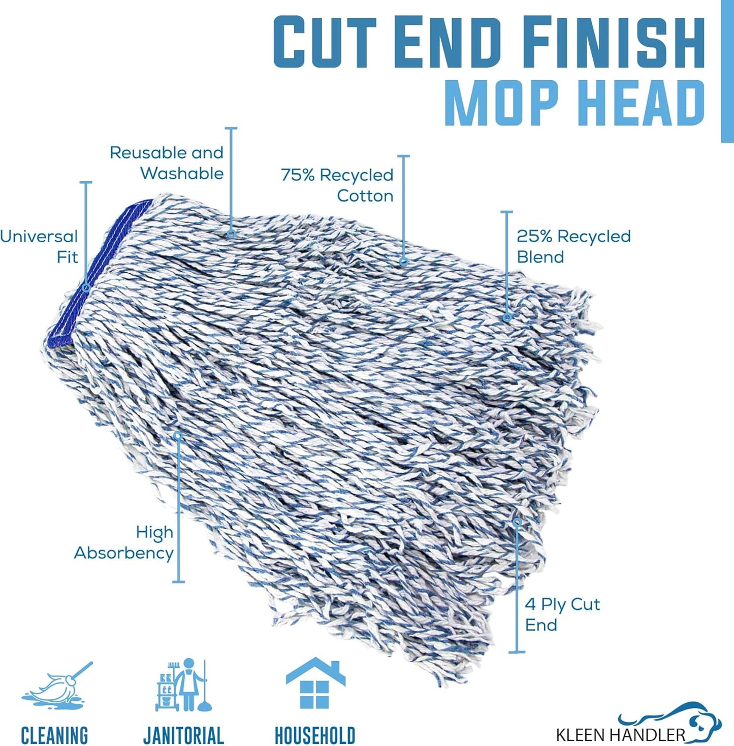 KLEEN HANDLER Cut End Finish Mop | 1.25" Universal Headband Maximum Absorption Finishing Mop, Pack of 6