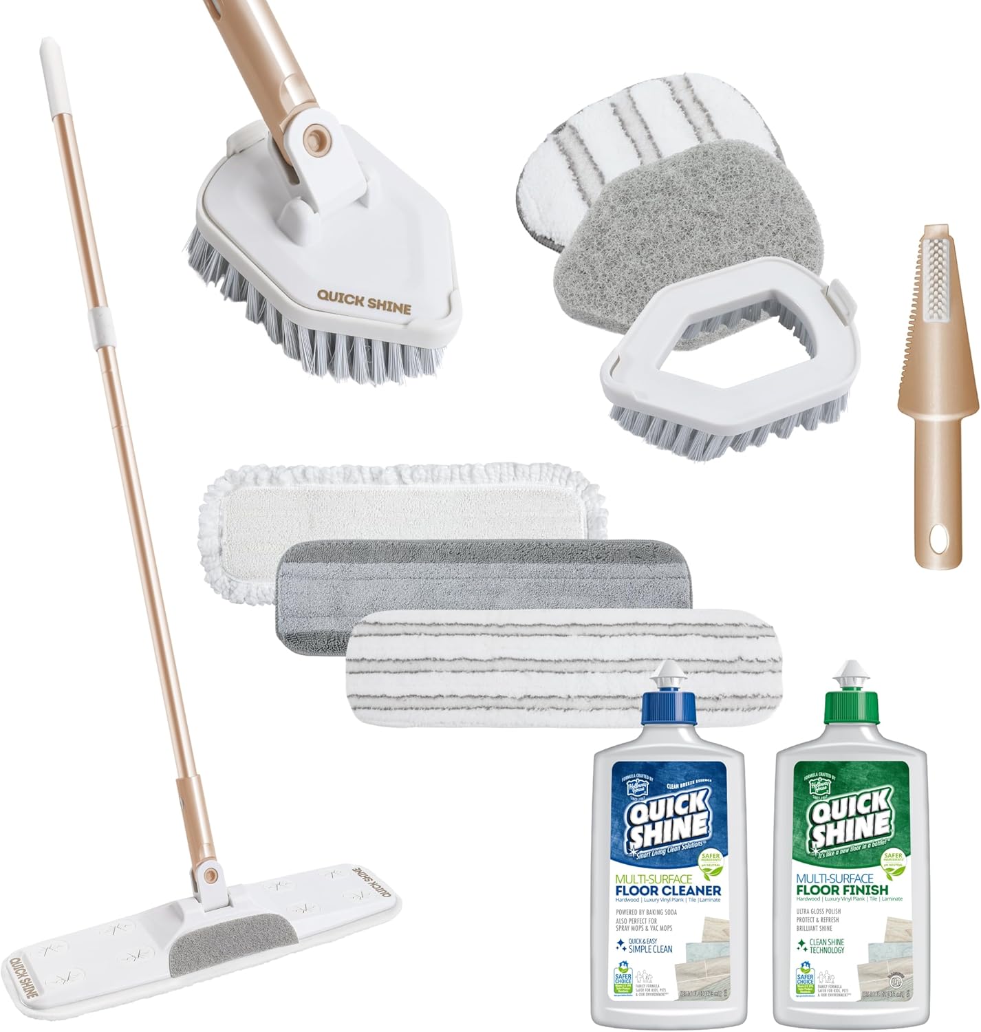 Quick Shine Ultimate Gold Clean + Polish Mop Kit | All-in-One 11 Pc Kit w/Interchangeable Attachments | Cleaner & Polish Included | No Batteries Needed | All Floors Pro Cleaning System | 2-in-1 Mop