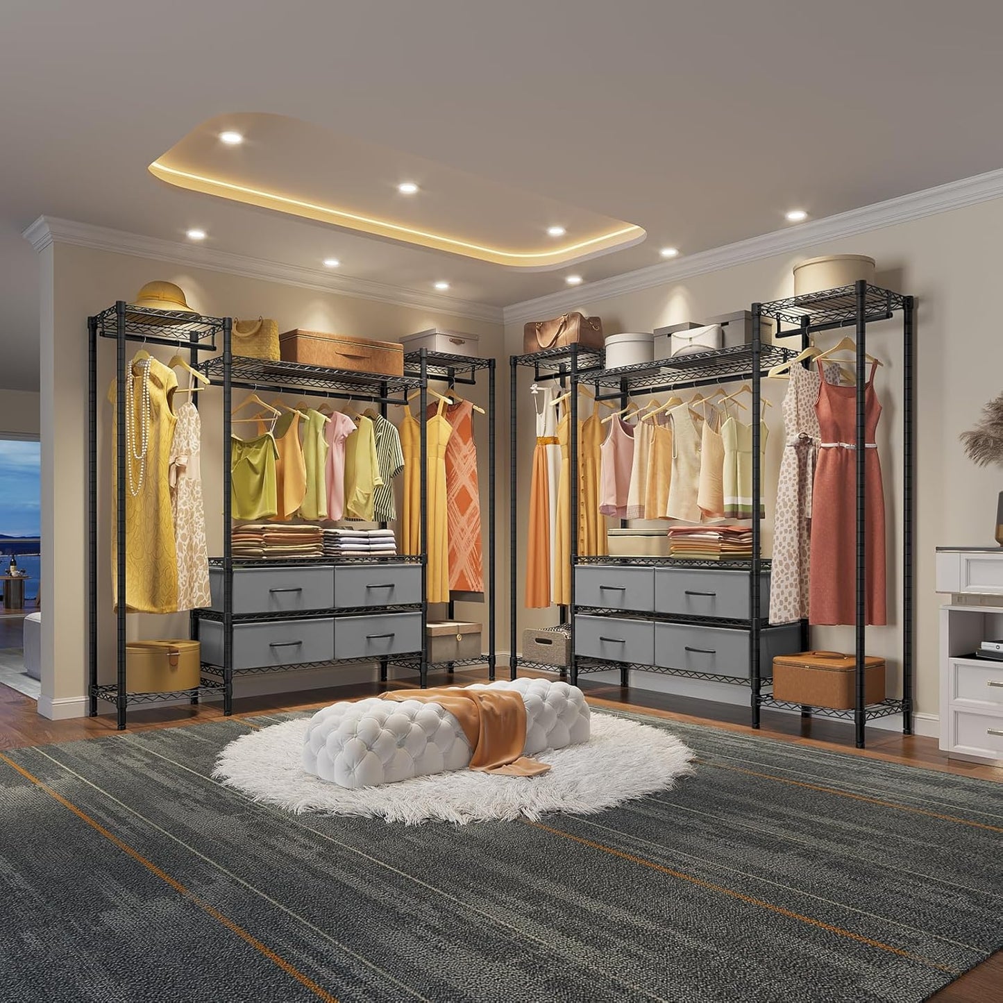 VIPEK V20 Wire Garment Rack Heavy Duty Clothes Rack, Metal Clothing Rack with 6 Shelves, 3 Hang Rods & 4 Fabric Drawers, Compact Wardrobe Closet, 56.7" L x 14.6" W x 70.9" H, Black