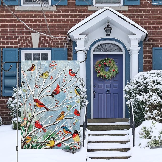 Louise Maelys Welcome Christmas Garden Flag 12x18 Double Sided, Small Burlap Tree Cardinal Birds Xmas Outside Outdoor House Yard Decor