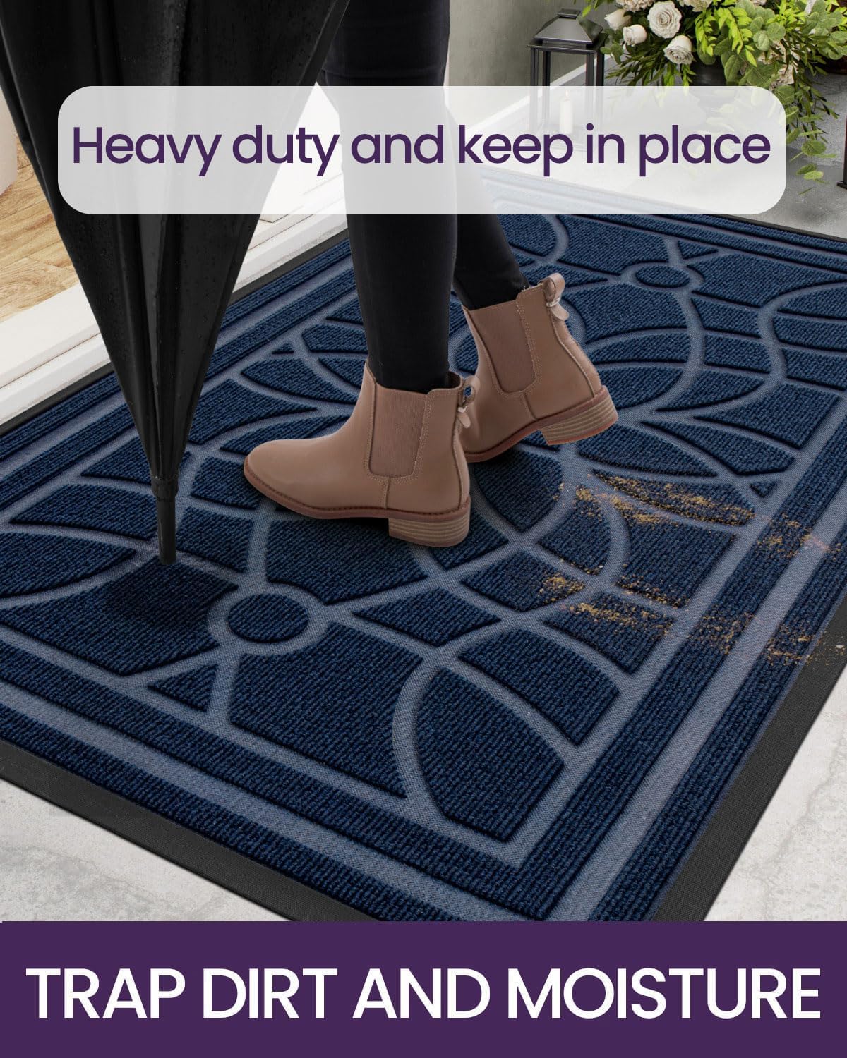 DEXI Front Door Mat Outside Entrance, Heavy Duty Non Slip Low Profile Doormat for Entryway, Trap Dirt and Moisture Welcome Mats, Easy Clean, Patio, Garage, 4x2, Blue