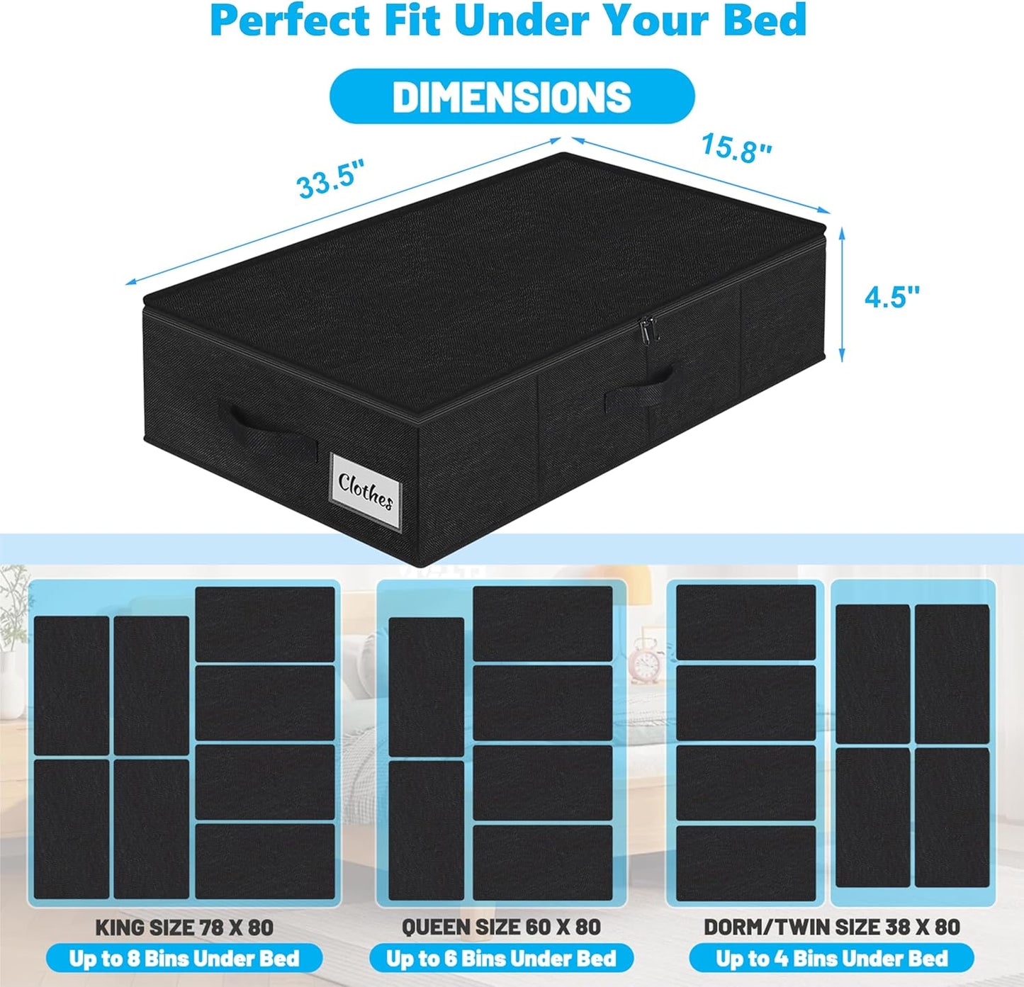 Under Bed Storage Container Bin 4 Pack, 4.5 Inch Slim Low Profile Underbed Clothes Storage Organizer for Dorm & Home, Use for Blanket and Toy Storage Box W/ Sturdy Bottom/Sides, Foldable Thick Fabric