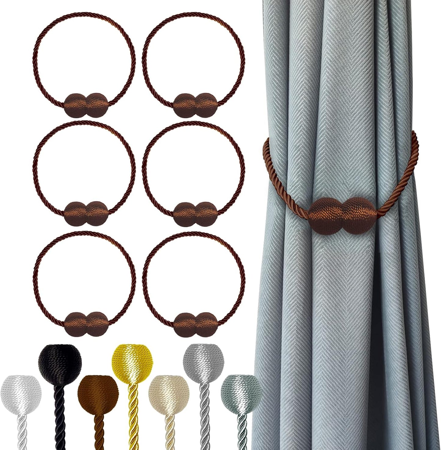 Hion Magnetic Curtain Tiebacks Dark Brown 6 Pack, Curtain Tiebacks Buckles Holdbacks Holders Hooks Clip for Home Bedroom Office Decorative Thick or Thin Curtain