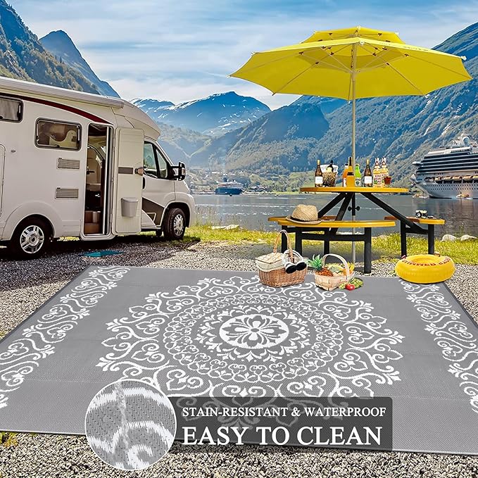 Pauwer Waterproof Outdoor Rug 8x10, Reversible Plastic Straw Patio Camping Rug, Indoor Outdoor RV Mat Carpet for Deck, Camper, Porch, Balcony, Backyard, Picnic, Floral Grey