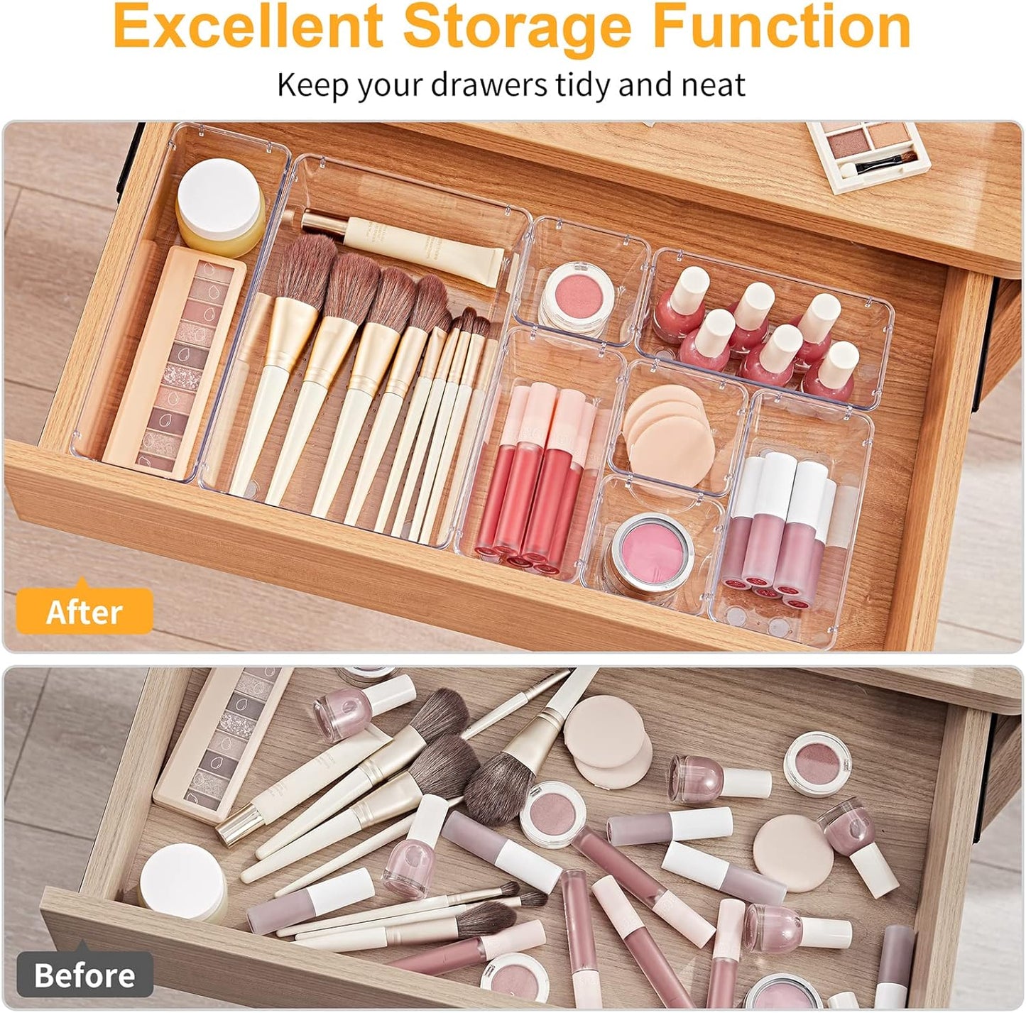 SMARTAKE 28 Piece Drawer Organizers with Non-Slip Silicone Pads, 4-Size Desk Drawer Organizer Trays Storage Tray for Makeup, Jewelries, Utensils in Bedroom Dresser, Office and Kitchen, Clear