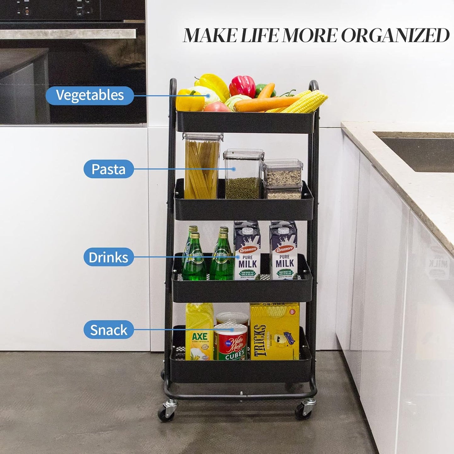 elabo 4-Tier Metal Mesh Utility Rolling Cart, Storage Organizer Trolley Services Cart with Lockable Wheels for Kitchen, Bathroom, Living Room (Black)