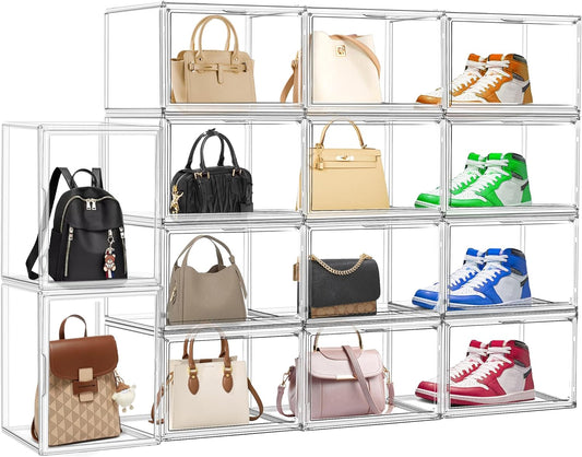 10 Pcs Clear Purse Storage Boxes, Plastic Shoe Boxes Stackable Acrylic Display Case Shoe Organizer with Magnetic Lid, Acrylic Display Box for Collectibles,Purse Organizer,Handbag,Shoes Size 14